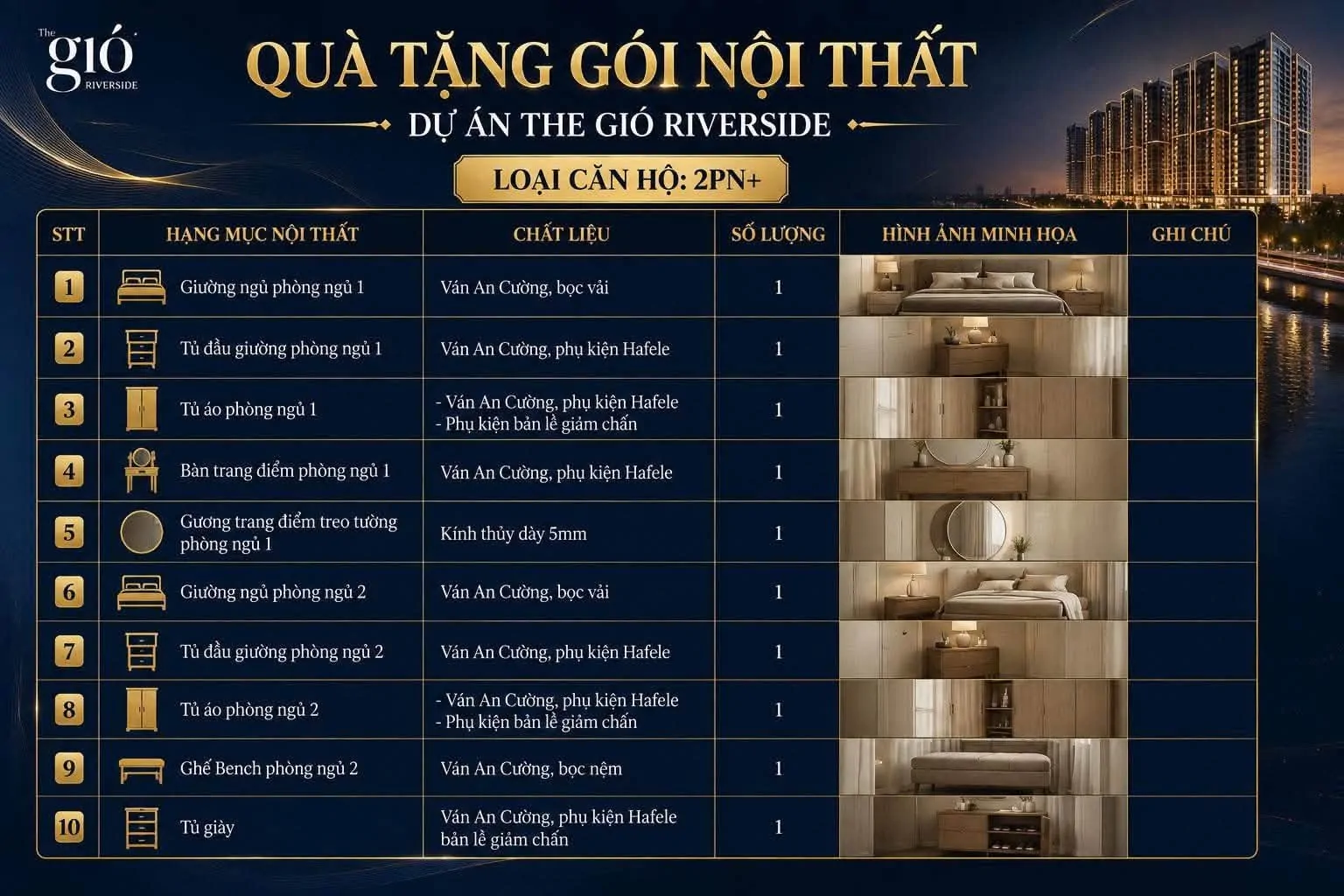 Gói nội thất căn hộ 2PN+ The Gió Riverside với 10 hạng mục đầy đủ